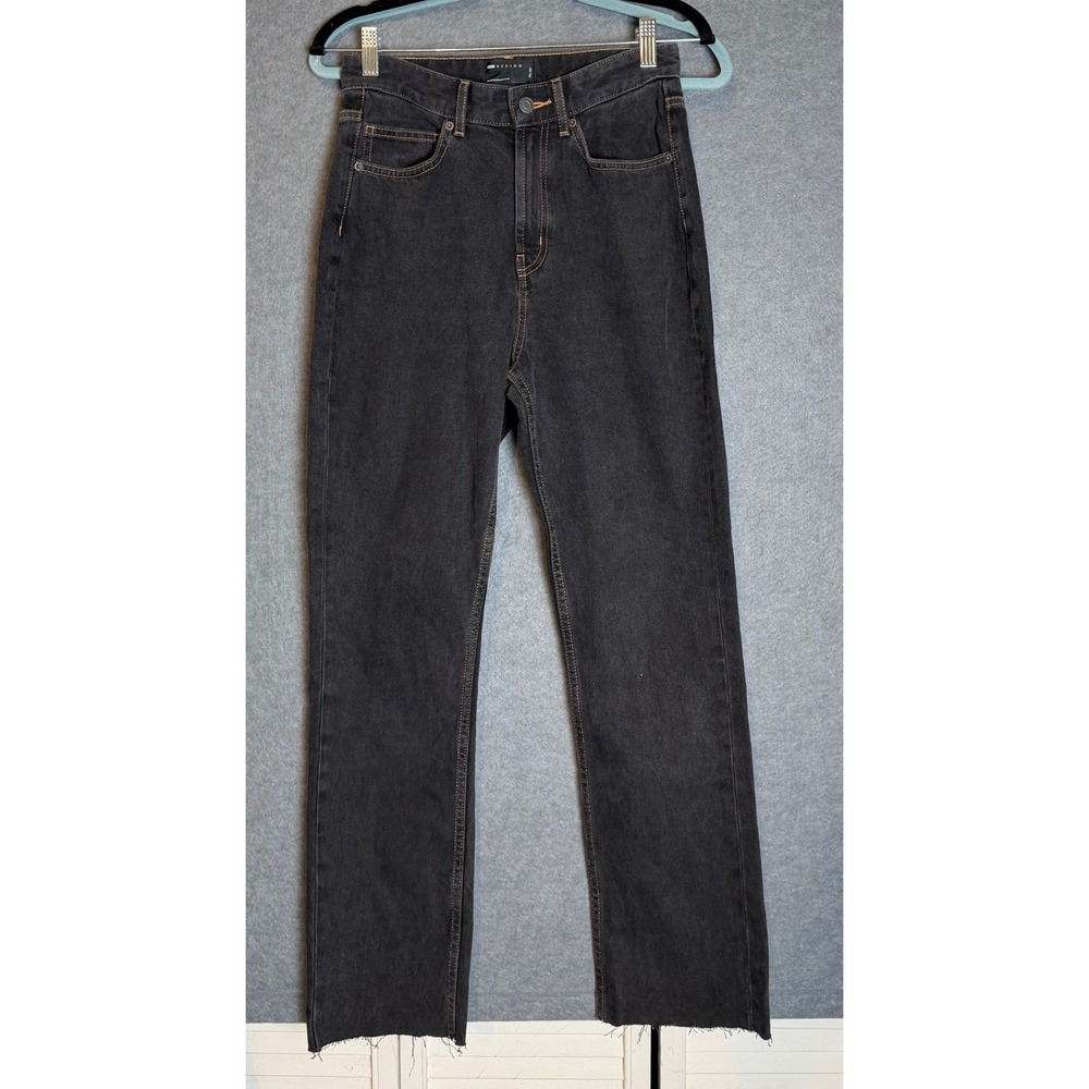 Straight Leg Jean 26 Washed Black High Rise Raw Hem Contrast Stitch Grunge Indie